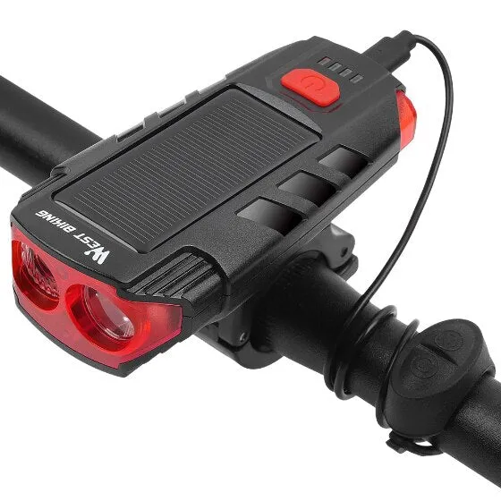 2000mAh Bicycle Light Solar Power USB Rechargeable LED Cycling Headlight Waterproof 120dB Bike Horn Warning Lamp