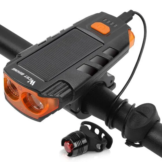 2000mAh Bicycle Light Solar Power USB Rechargeable LED Cycling Headlight Waterproof 120dB Bike Horn Warning Lamp