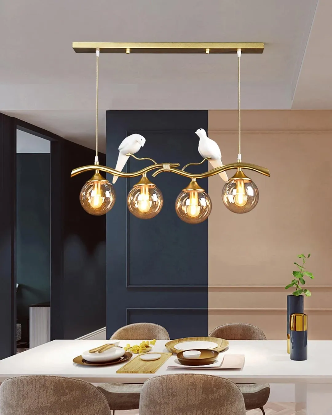 4 Head Bird Chandelier - Gold & Smoke Glass
