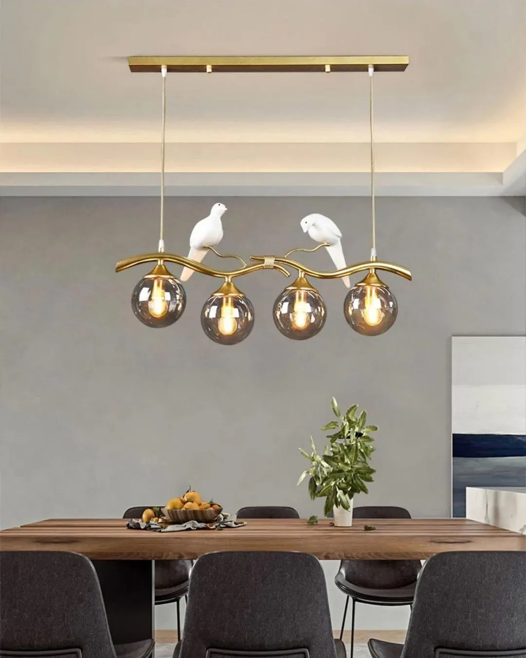 4 Head Bird Chandelier - Gold & Smoke Glass