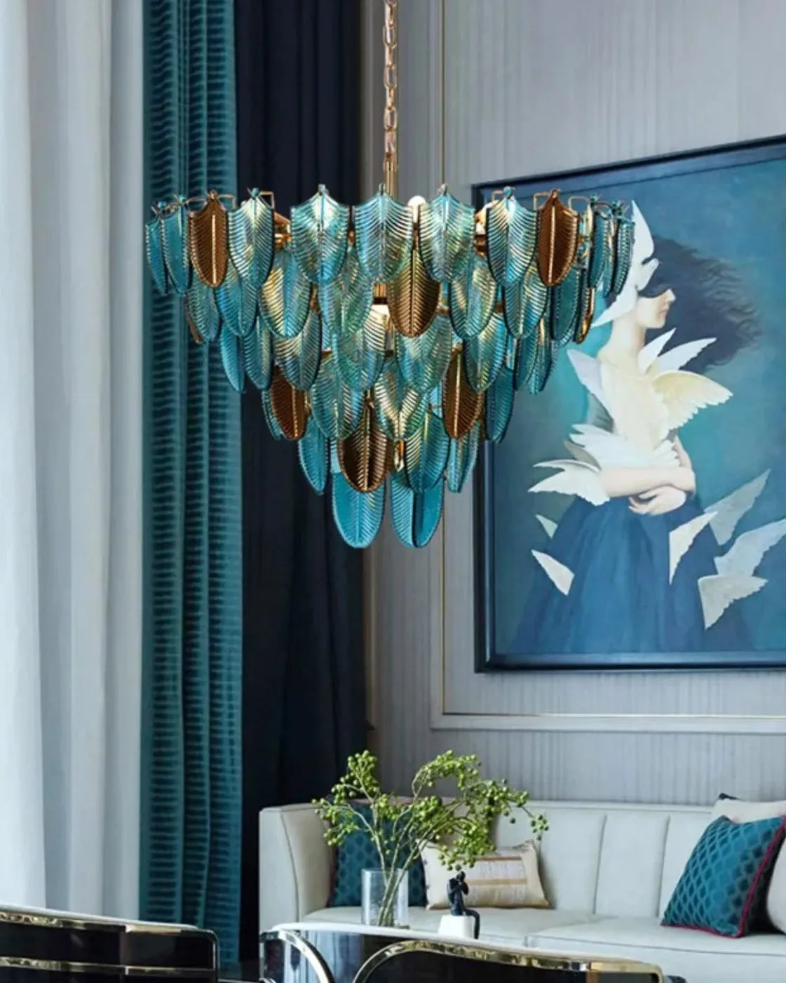 Blue Crystal Leaf Chandelier - 500MM